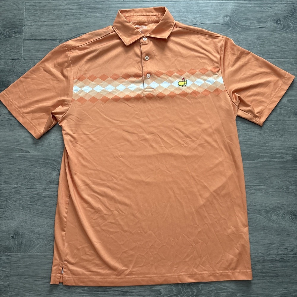 Masters Tech Golf Shirt Mens sz M Orange Diamonds Augusta Polo Argyle performanc